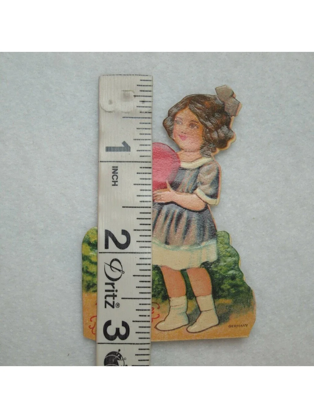 Vintage Valentine Die Cut Stand Up Girl Purple Dress Hold Heart 1920-30s Germany